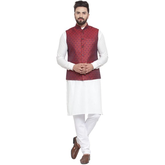 Sleeveless Traditional Brocade Silk Fabric Maroon Nehru Jacket by Treemoda - Picture 5 of 5